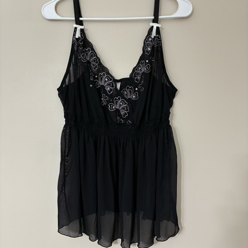 Cacique Sheer Black Mesh Lace Cami Camisole Size 22/24 Sequins Embroidery